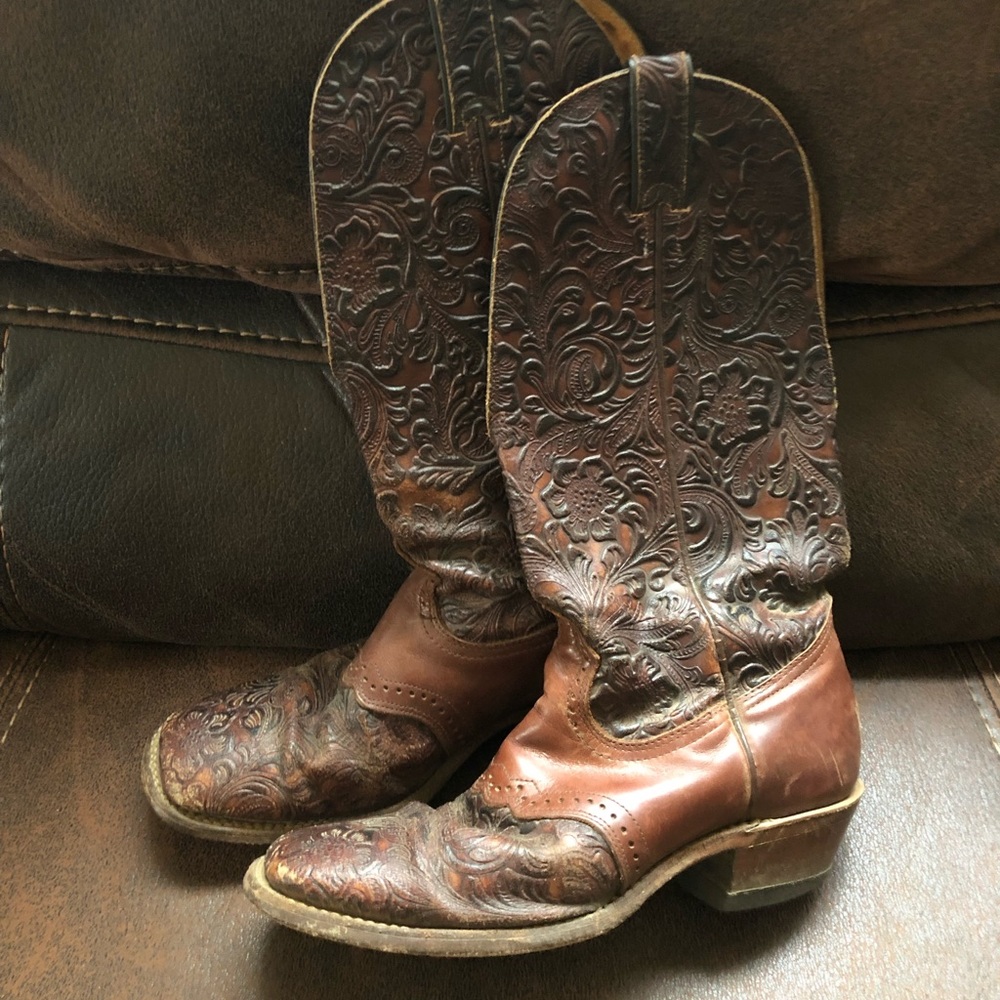Boulet Leather Tooled Cowboy Boots